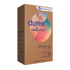 Durex Real Feel Regular 10ct left faced package